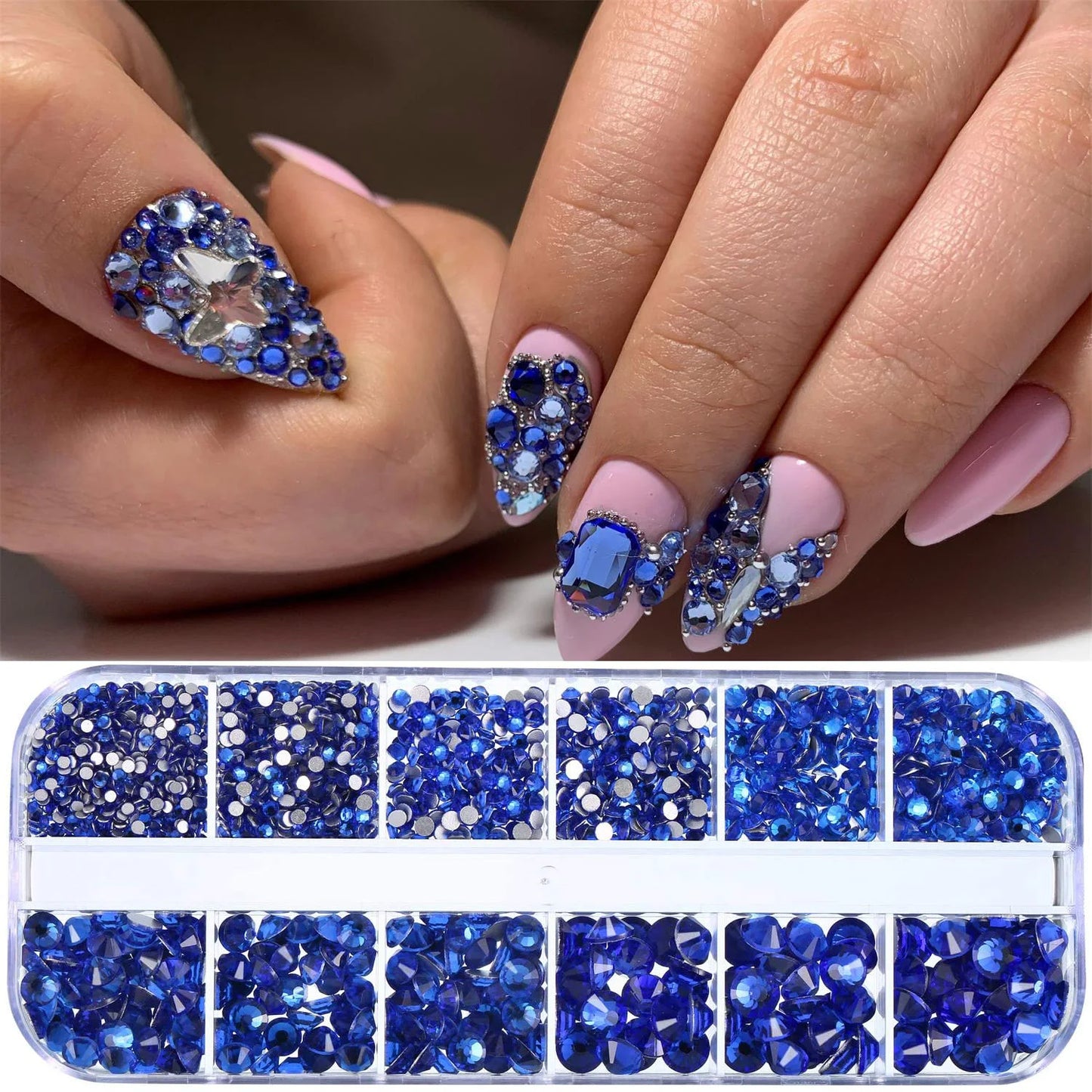 12Gird 3D Glass AB Crystal Nail Art Rhinestones Kit Flatback Round Bead Charm Gem Stones Jewelry Diamond with Tools for Nail Art