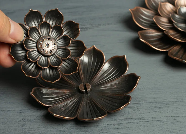 Incense Holder for Sticks Alloy Incense Burner Creative 3 levels Lotus Incense Stick Holder and Detachable Ash Catcher