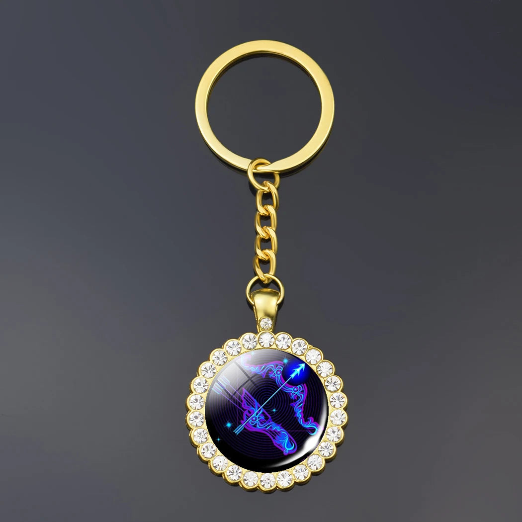 12 Constellation Keychain Fashion Double Side Cabochon Glass Ball Keychain Zodiac Signs Jewelry For Men For Women Birthday Gift