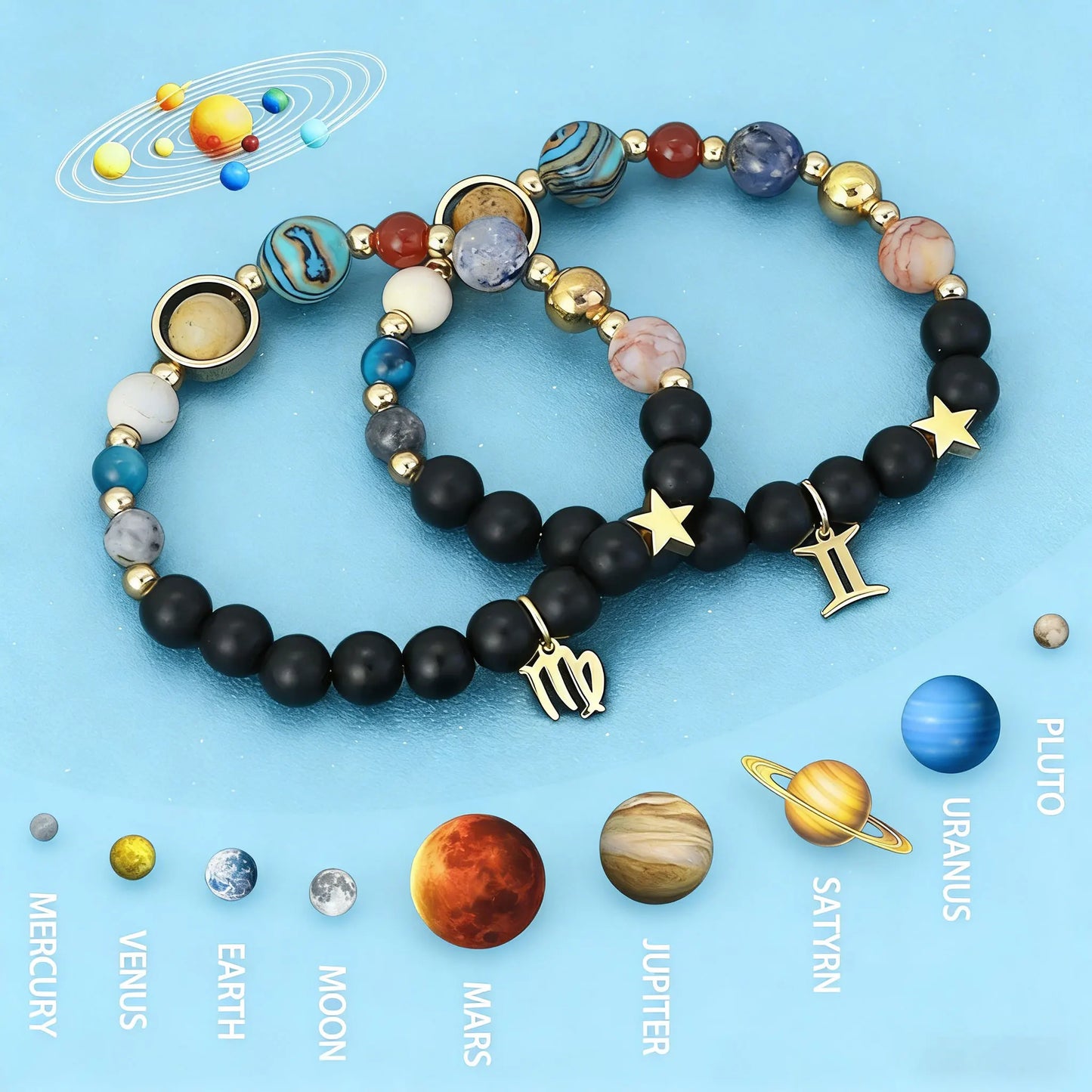 Bracelet 12 Zodiac Signs Virgo Taurus Cosmic Galaxies Eight Planets Constellation Bracelet Natural Stone Solar System Bracelet