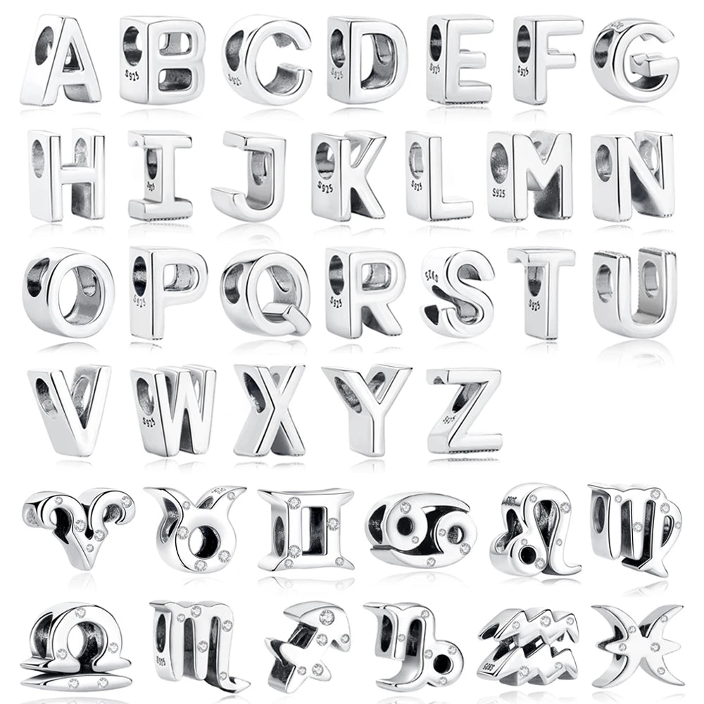 Original 925 Sterling Silver Charms Beads 12 Zodiac AZ Letters Virgo Aries Fit Pandora Bracelets Necklaces Jewelry For Women