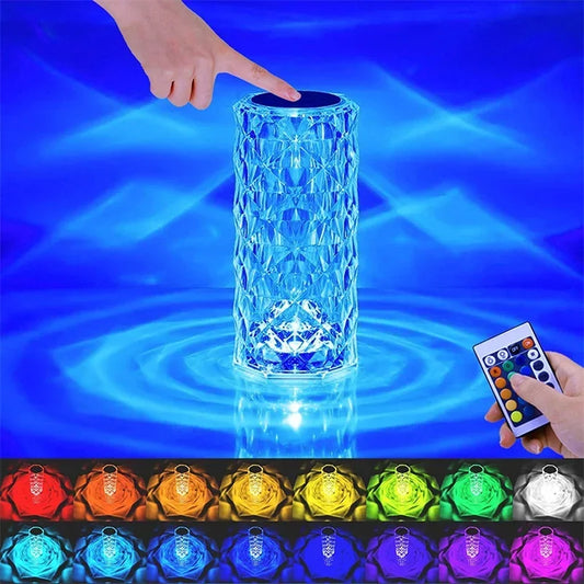 16 Colors LED Rose Light Projector Crystal Table Lamp Home Bar Decoration Touch Recharging Romantic Diamond Atmosphere Light