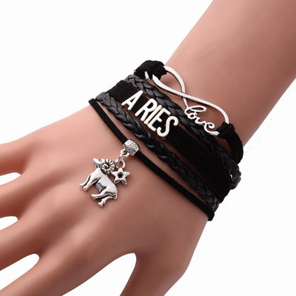 12 Constellation Zodiac Sign Black Braided Leather Bracelet Cancer Leo Virgo Libra Woven Jewelry Punk Men Pendant Bracelet 2022