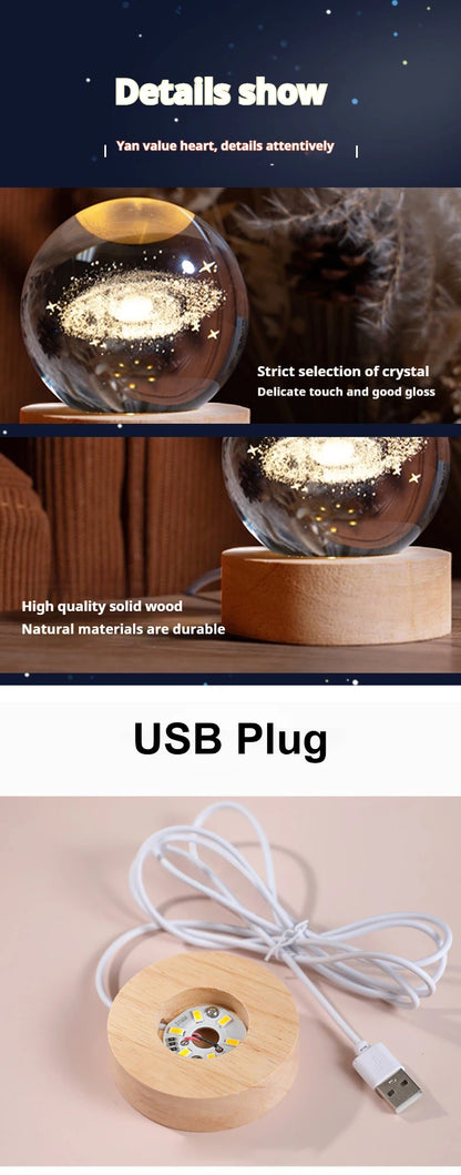 6cm 3D Crystal Ball Decoration 2024 Astronomy Solar System Planets Moon Astronaut LED Balls Home Snow Glass Globe Decorations