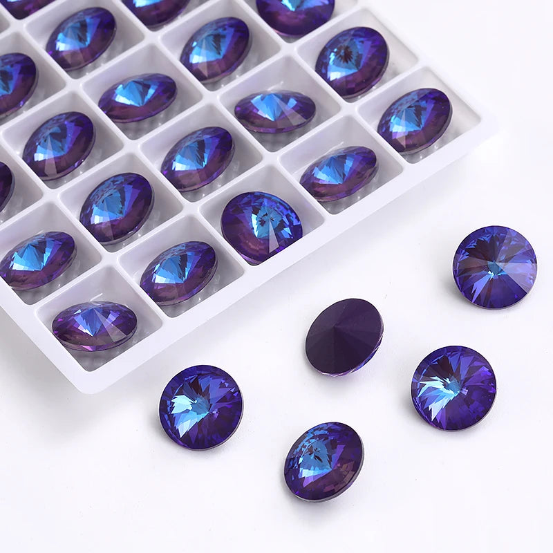 6/8/10/12/14MM Rivoli Rhinestone Round Pointed Diamond Stones Colorful Beads Crafts Crystal Nail Clothes Jewelry Accessories