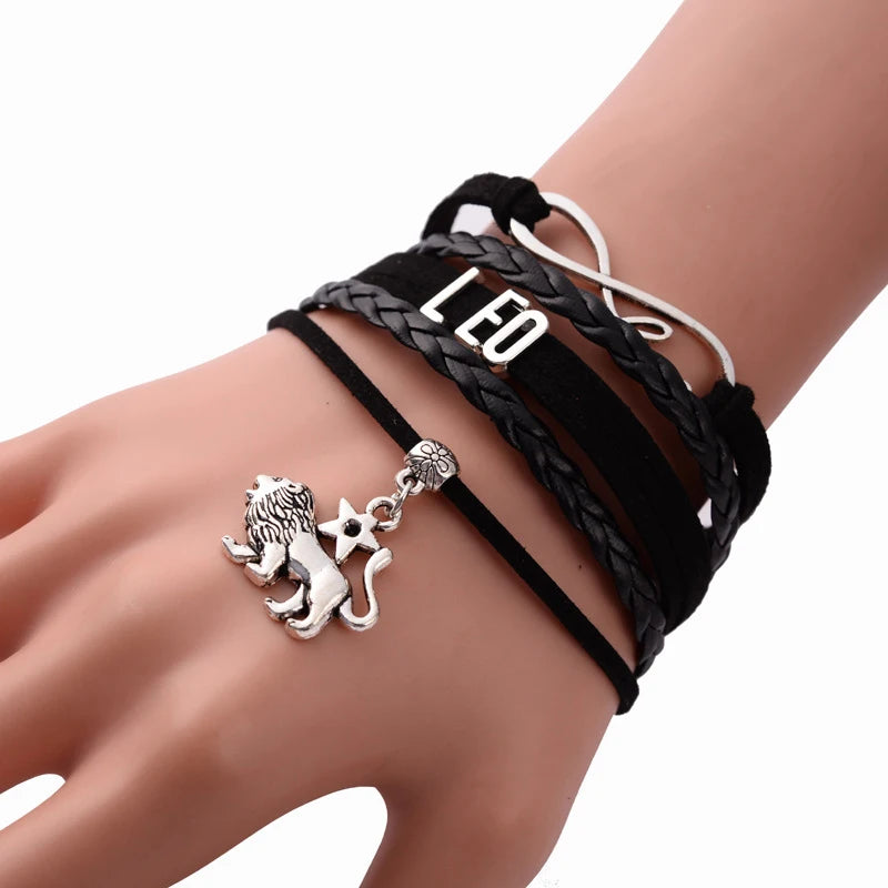 12 Constellation Zodiac Sign Black Braided Leather Bracelet Cancer Leo Virgo Libra Woven Jewelry Punk Men Pendant Bracelet 2022