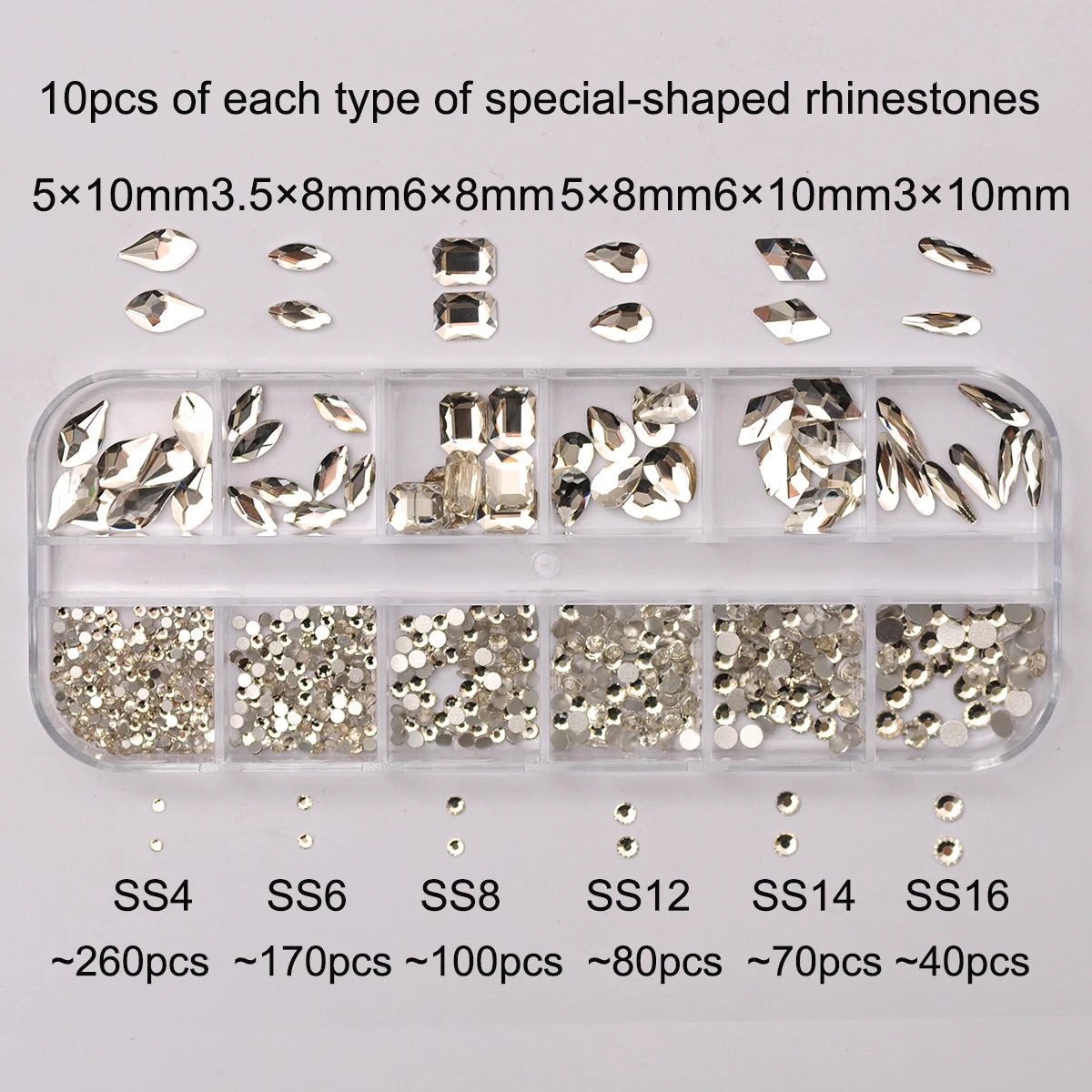 12 Grids Clear Mixed Sizes Nail Art Rhinestones Crystal 3D Glitter Non Hotfix Diamond Decoration Nail Parts Accessories