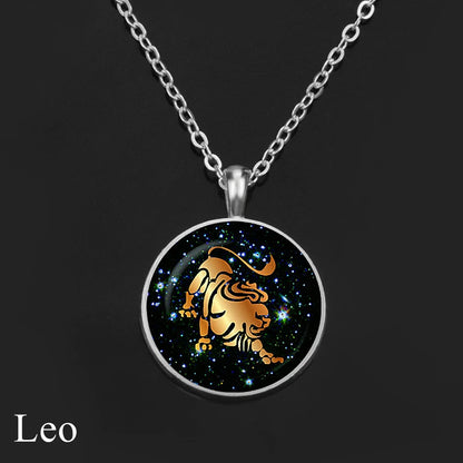 12 Constellation Necklace Orange Zodiac Sign Glass Cabochon Pendant Silver Color Chain Necklace