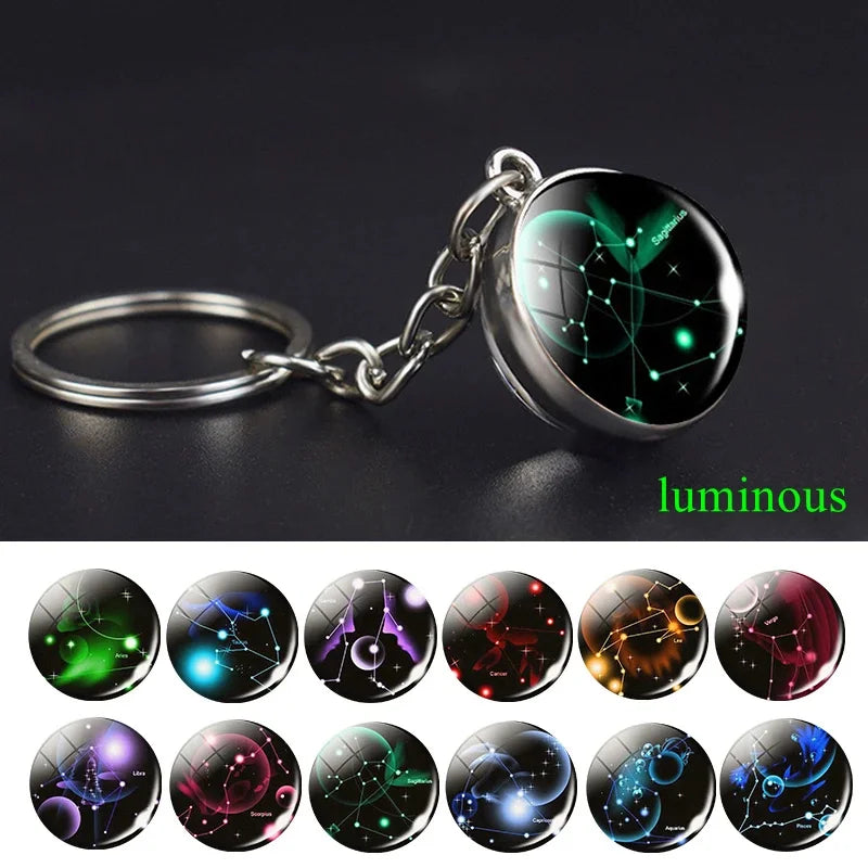 New 12 Zodiac Sign Starry Sky Night Light Keychain 12 Zodiac Pendant Keychain Fashion Birthday Gift for Boys and Girls