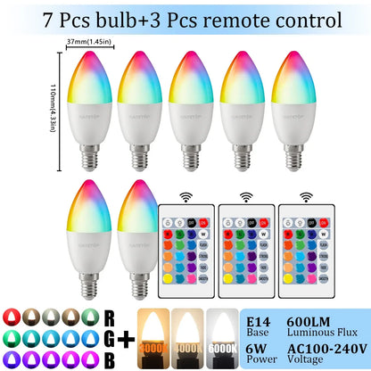 1-10PCS E14 Candle LED Bulb RGB 24 Key Remote Control Dimmable 6W AC220V 110V Colorful Change for Bedroom Living Room Lamp