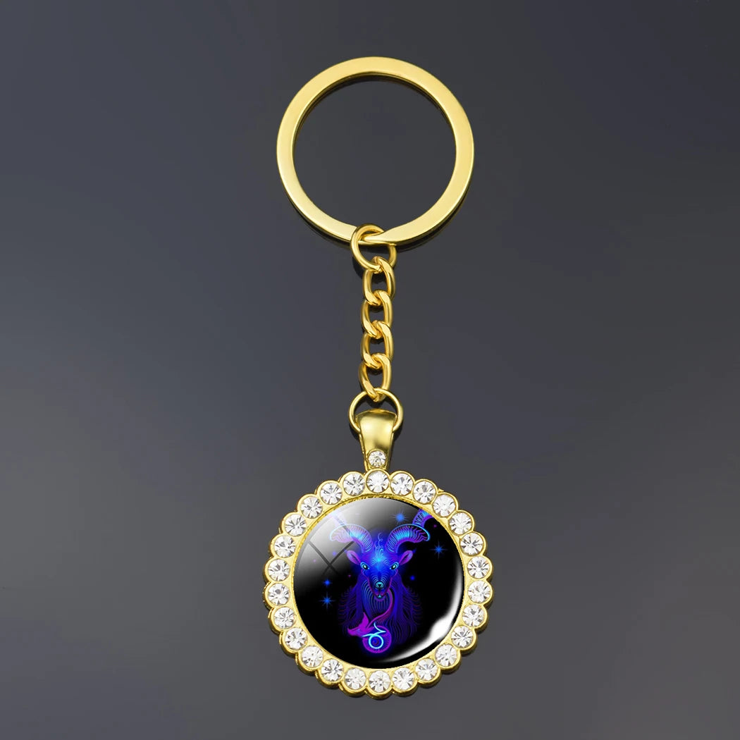 12 Constellation Keychain Fashion Double Side Cabochon Glass Ball Keychain Zodiac Signs Jewelry For Men For Women Birthday Gift