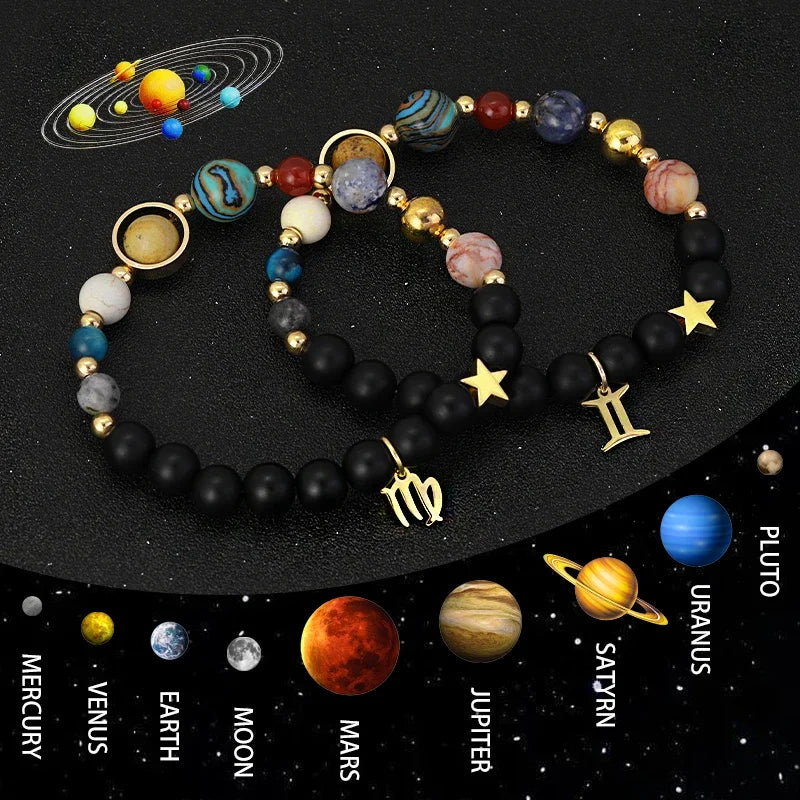 Bracelet 12 Zodiac Signs Virgo Taurus Cosmic Galaxies Eight Planets Constellation Bracelet Natural Stone Solar System Bracelet
