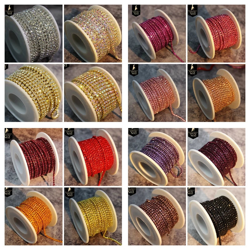 Rhinestones Chain Roll Tassel 1/10Yard Crystal Ribbon Strass Banding Sew On Gold Rhinestone Trim Strip Cup Chains For Needlework