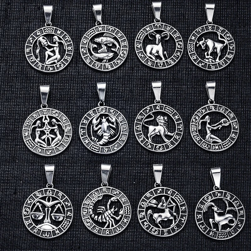 Round Design 12 Zodiac Sign Constellations Horoscope Stainless Steel Pendant Necklace Chains