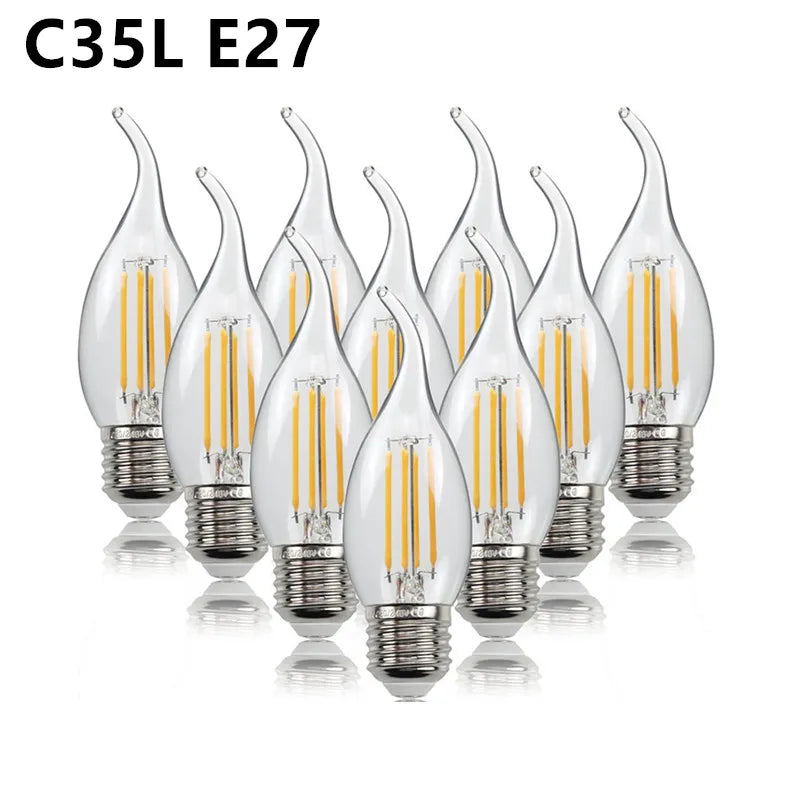 10PCS LED Bulb C35 E14 E12 E27 220V 110V Dimmable 2W 4W 6W Design Energy Saving Candle Warm White Filament Light 360 Degree Lamp