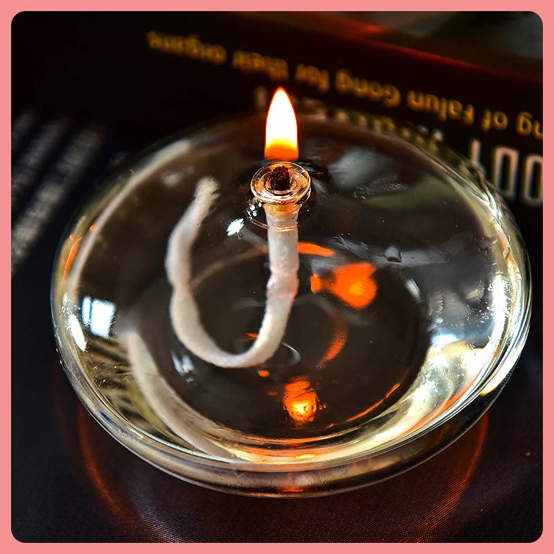 Handcrafted Flat Transparent Glass Candle Holder Oil Lamp，With a light core，Can be used as table candles，Christmas home decor at
