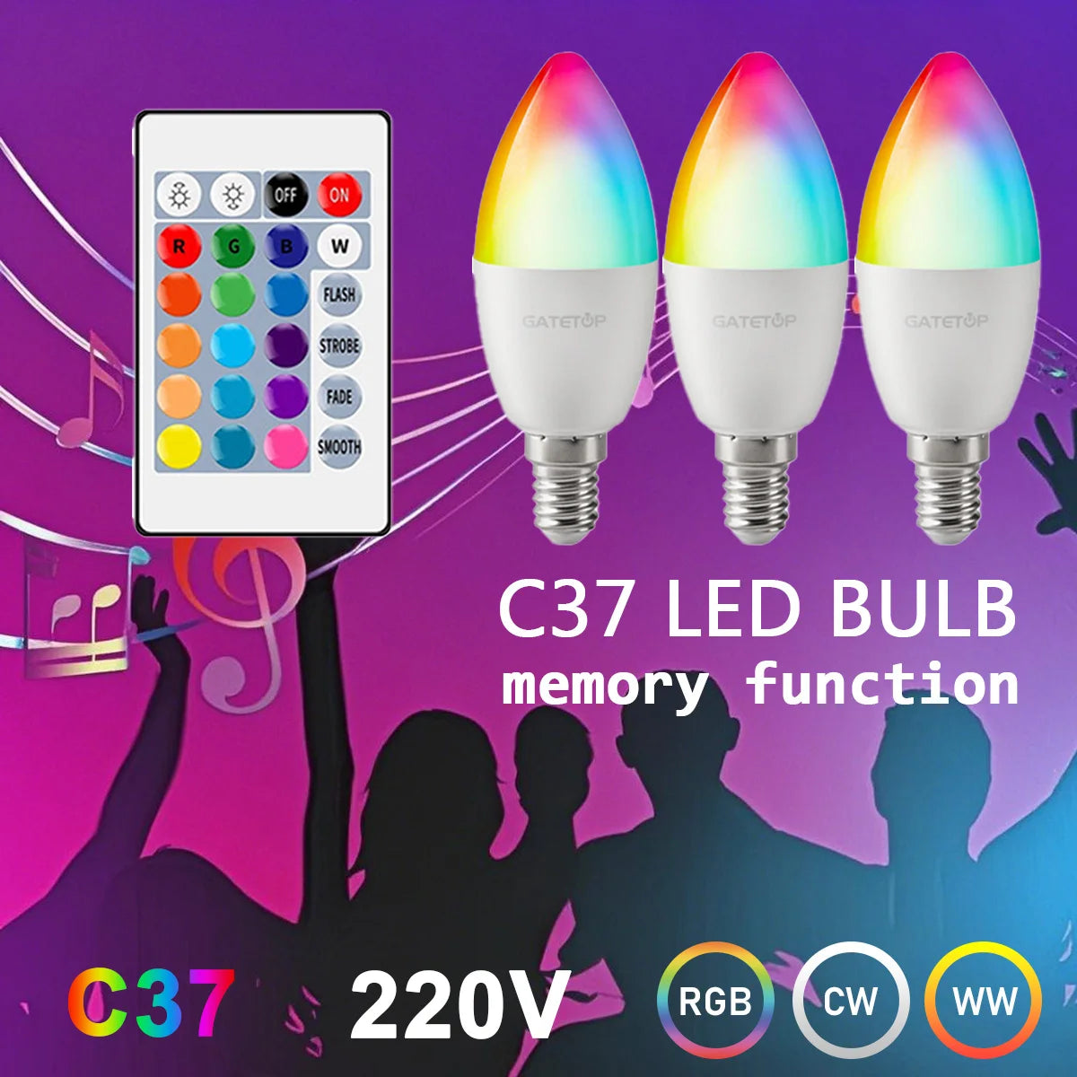 1-10PCS E14 Candle LED Bulb RGB 24 Key Remote Control Dimmable 6W AC220V 110V Colorful Change for Bedroom Living Room Lamp