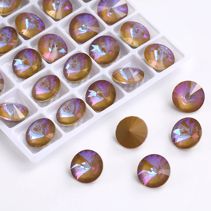 6/8/10/12/14MM Rivoli Rhinestone Round Pointed Diamond Stones Colorful Beads Crafts Crystal Nail Clothes Jewelry Accessories