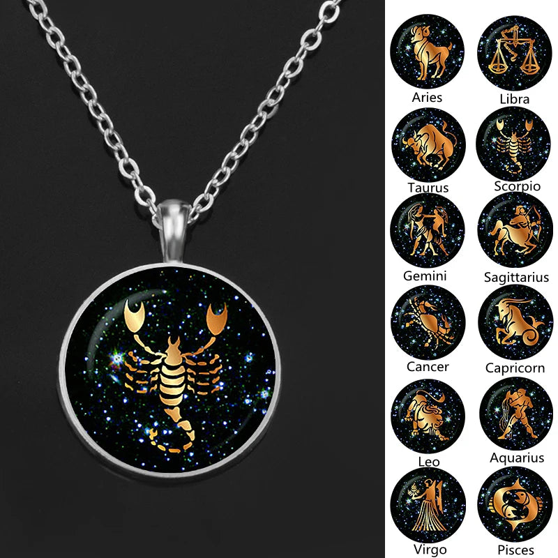 12 Constellation Necklace Orange Zodiac Sign Glass Cabochon Pendant Silver Color Chain Necklace