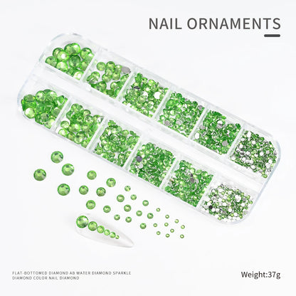 12Gird 3D Glass AB Crystal Nail Art Rhinestones Kit Flatback Round Bead Charm Gem Stones Jewelry Diamond with Tools for Nail Art
