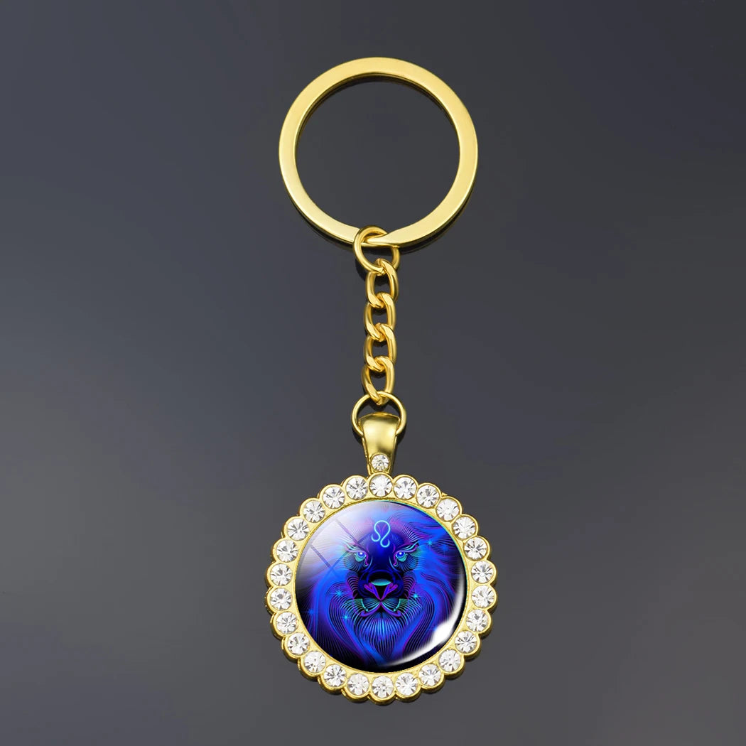12 Constellation Keychain Fashion Double Side Cabochon Glass Ball Keychain Zodiac Signs Jewelry For Men For Women Birthday Gift