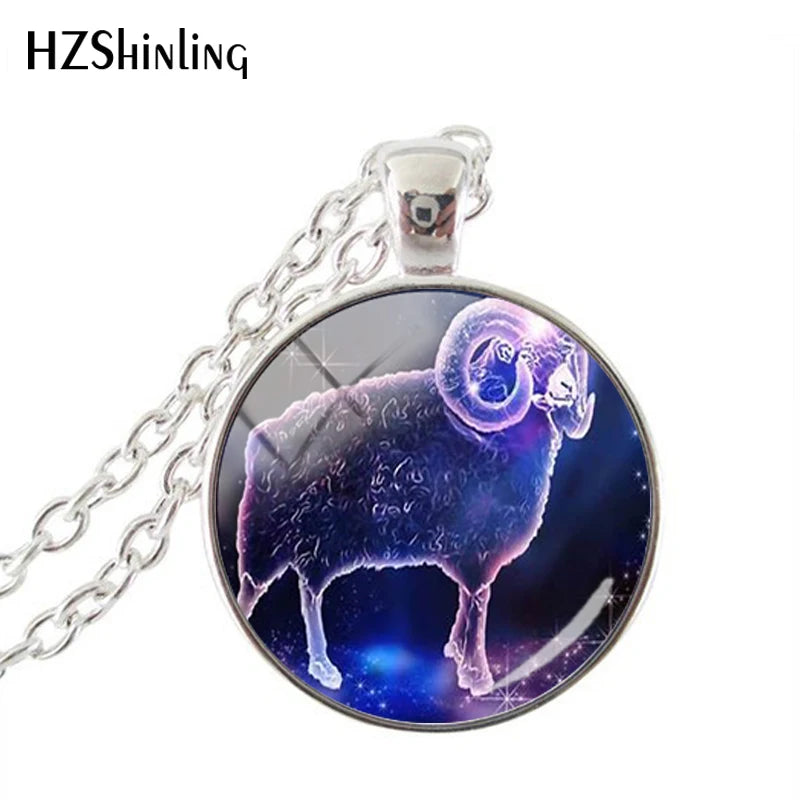 Fashion Purple Galaxy 12 Horoscope Scorpio Sagittarius Capricorn Aquarius Pendant Fashion Necklace Glass Dome Jewelry Gift