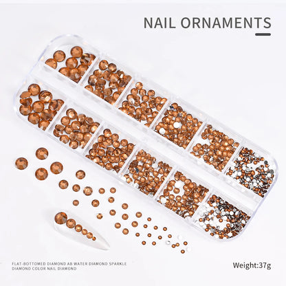 12Gird 3D Glass AB Crystal Nail Art Rhinestones Kit Flatback Round Bead Charm Gem Stones Jewelry Diamond with Tools for Nail Art