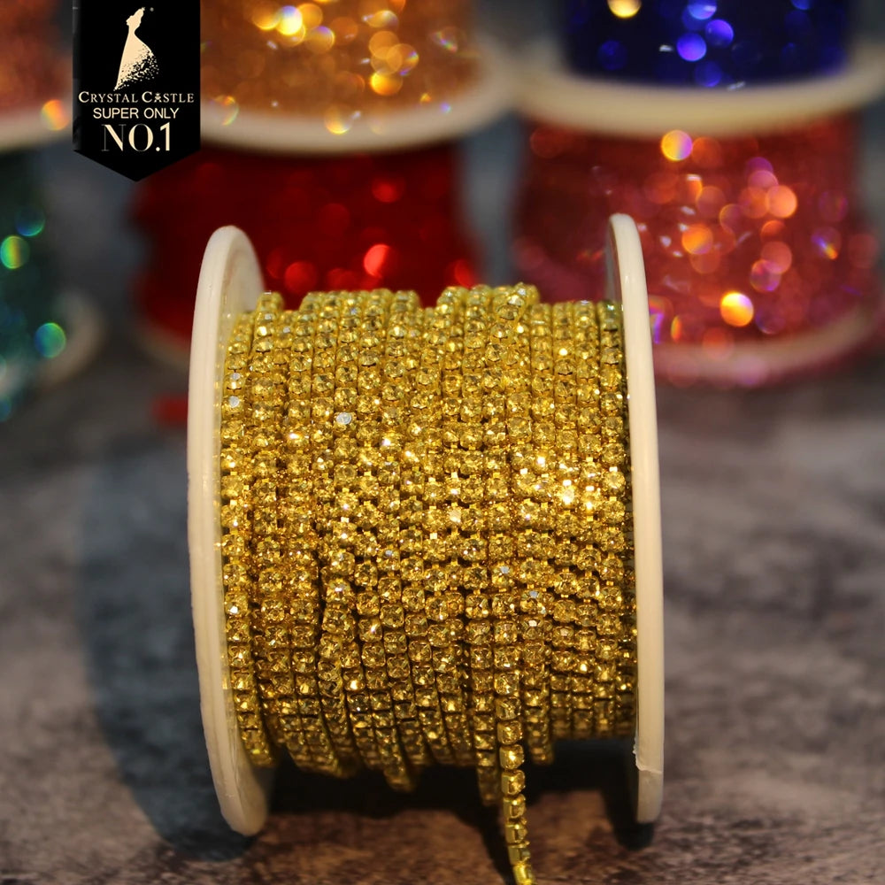 Rhinestones Chain Roll Tassel 1/10Yard Crystal Ribbon Strass Banding Sew On Gold Rhinestone Trim Strip Cup Chains For Needlework