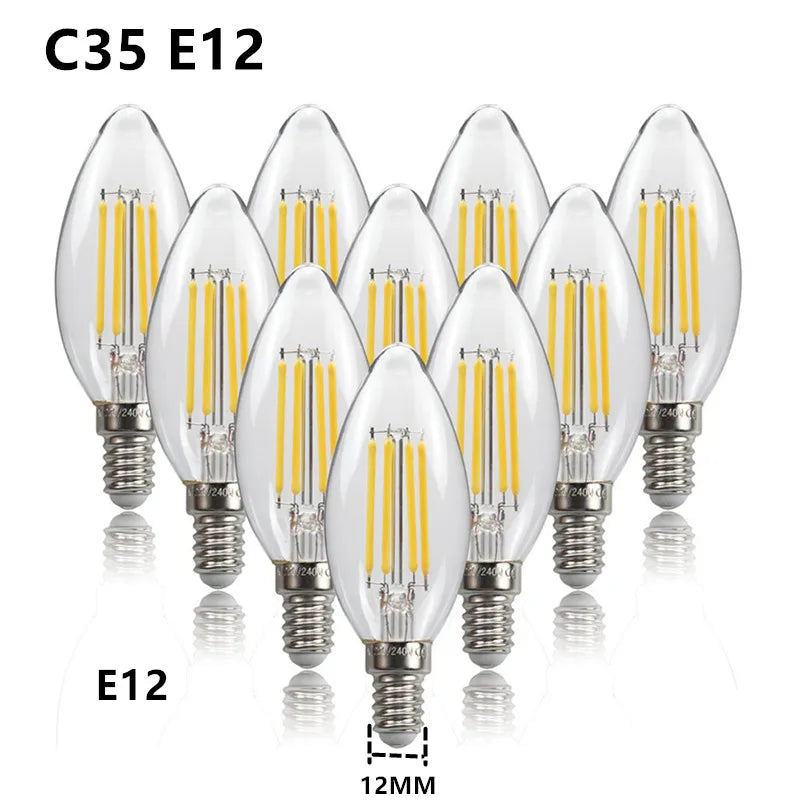 10PCS LED Bulb C35 E14 E12 E27 220V 110V Dimmable 2W 4W 6W Design Energy Saving Candle Warm White Filament Light 360 Degree Lamp