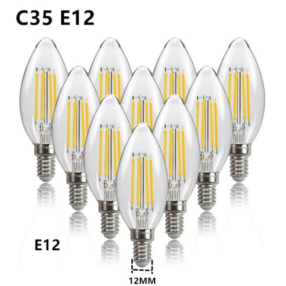 10PCS LED Bulb C35 E14 E12 E27 220V 110V Dimmable 2W 4W 6W Design Energy Saving Candle Warm White Filament Light 360 Degree Lamp