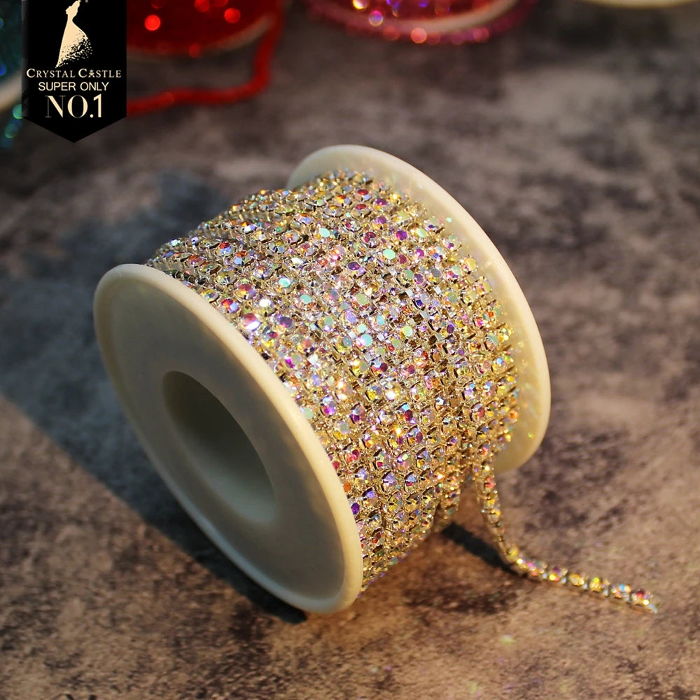 Rhinestones Chain Roll Tassel 1/10Yard Crystal Ribbon Strass Banding Sew On Gold Rhinestone Trim Strip Cup Chains For Needlework