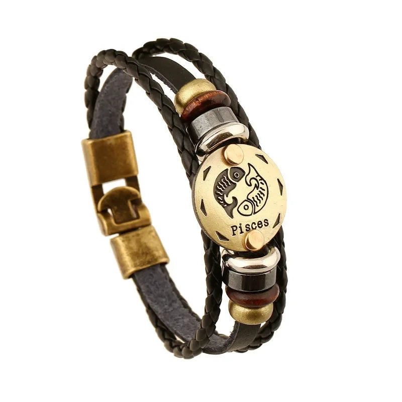 12 Horoscope Leather Bracelet for Women Man Vintage Retro Charm Male Bracelets Jewelry Gifts Pulseras Hombre Pulseras De Mujer