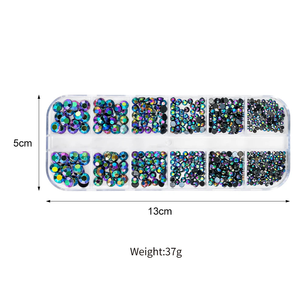 12Gird 3D Glass AB Crystal Nail Art Rhinestones Kit Flatback Round Bead Charm Gem Stones Jewelry Diamond with Tools for Nail Art