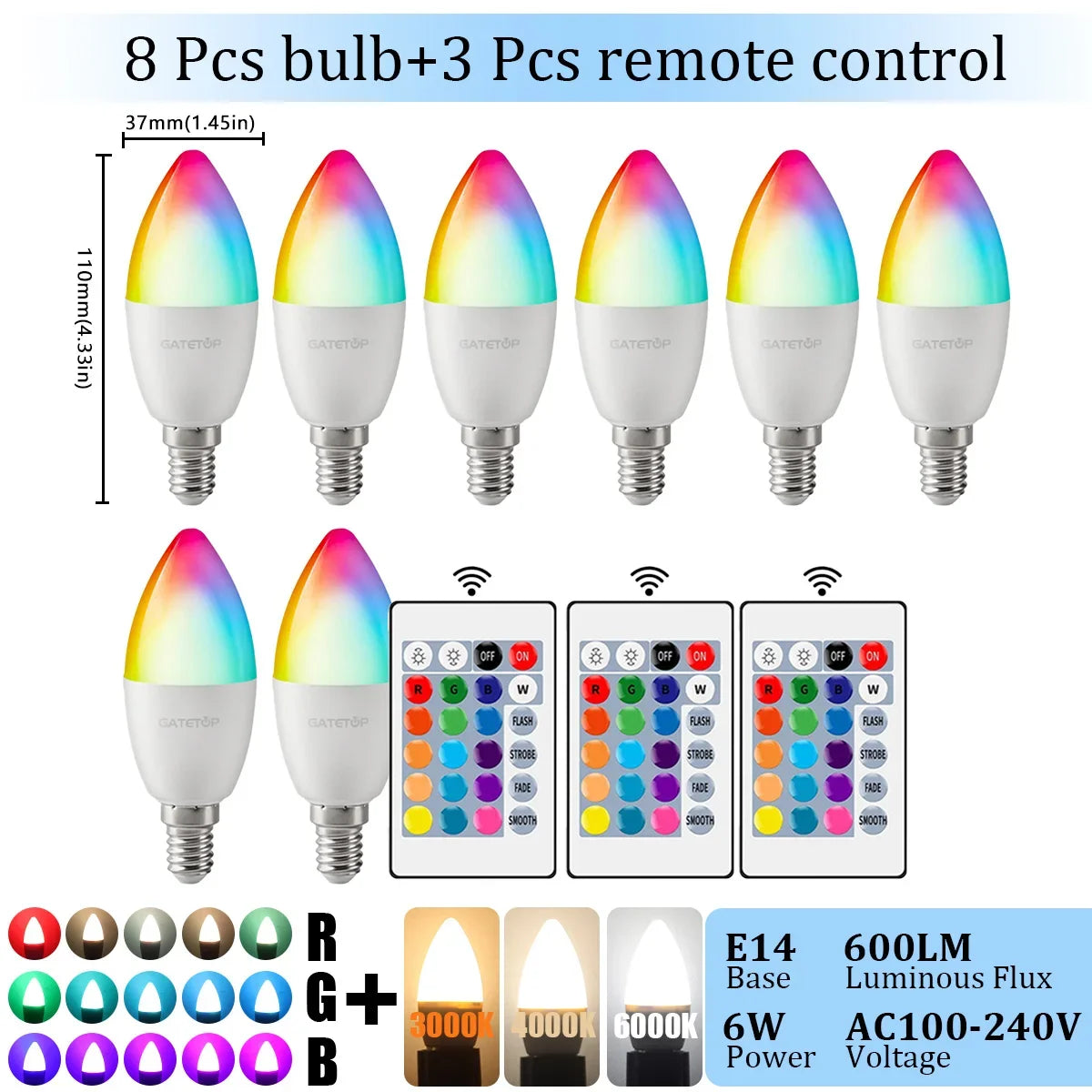 1-10PCS E14 Candle LED Bulb RGB 24 Key Remote Control Dimmable 6W AC220V 110V Colorful Change for Bedroom Living Room Lamp