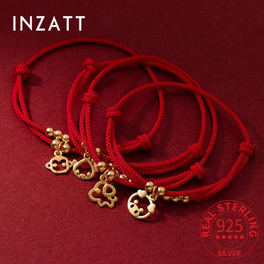 INZATT Real 925 Sterling Silver The Twelve Chinese Zodiac Signs Red Rope Bracelet for Women Classic Tiger Animal Fine Jewelry