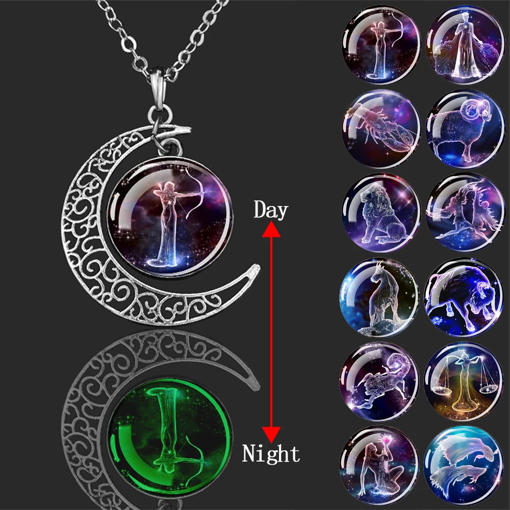 Luminous 12 Constellation Pendants Glass Dome Crescent Pendant Necklace Men Women Glow in The Dark Zodiac Sign Birthday Jewelry