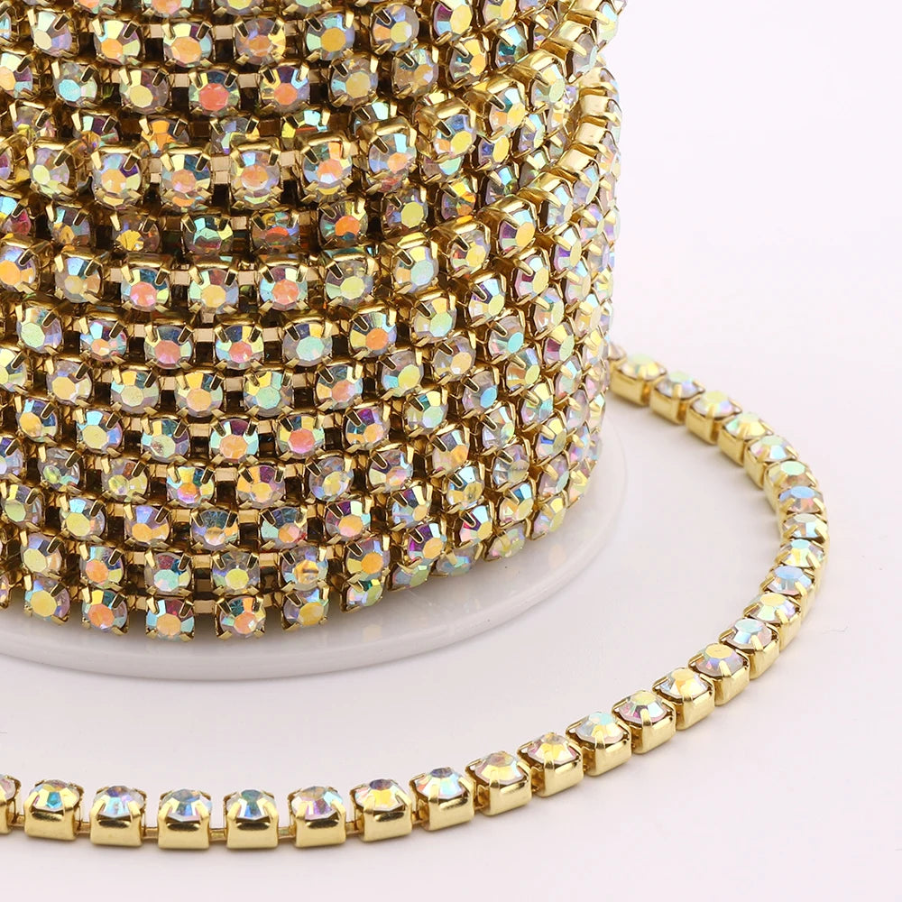 1Yard 10Yards/roll SS6-SS16 Crystal AB Claw Rhinestone Glass Sewn On Rhinestones Chain for Needlework Fabric Sewing Trimmings