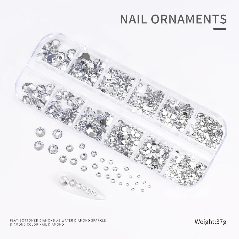 12Gird 3D Glass AB Crystal Nail Art Rhinestones Kit Flatback Round Bead Charm Gem Stones Jewelry Diamond with Tools for Nail Art