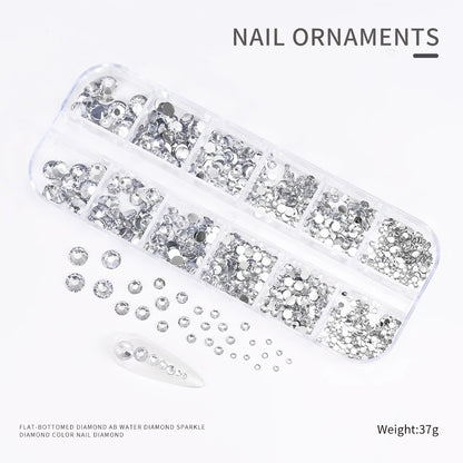 12Gird 3D Glass AB Crystal Nail Art Rhinestones Kit Flatback Round Bead Charm Gem Stones Jewelry Diamond with Tools for Nail Art