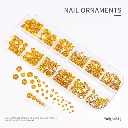 12Gird 3D Glass AB Crystal Nail Art Rhinestones Kit Flatback Round Bead Charm Gem Stones Jewelry Diamond with Tools for Nail Art