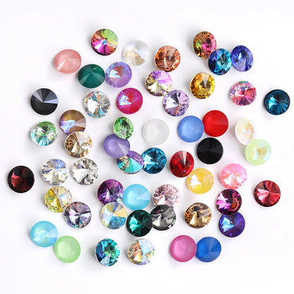 6/8/10/12/14MM Rivoli Rhinestone Round Pointed Diamond Stones Colorful Beads Crafts Crystal Nail Clothes Jewelry Accessories