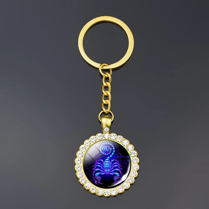 12 Constellation Keychain Fashion Double Side Cabochon Glass Ball Keychain Zodiac Signs Jewelry For Men For Women Birthday Gift