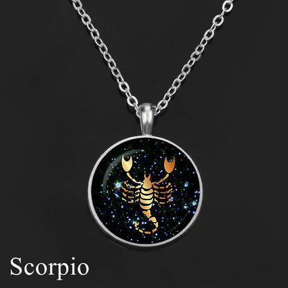 12 Constellation Necklace Orange Zodiac Sign Glass Cabochon Pendant Silver Color Chain Necklace