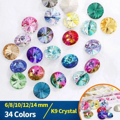 6/8/10/12/14MM Rivoli Rhinestone Round Pointed Diamond Stones Colorful Beads Crafts Crystal Nail Clothes Jewelry Accessories