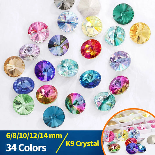 6/8/10/12/14MM Rivoli Rhinestone Round Pointed Diamond Stones Colorful Beads Crafts Crystal Nail Clothes Jewelry Accessories