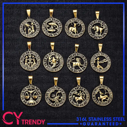 Round Design 12 Zodiac Sign Constellations Horoscope Stainless Steel Pendant Necklace Chains