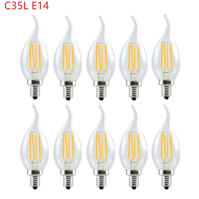 10PCS LED Bulb C35 E14 E12 E27 220V 110V Dimmable 2W 4W 6W Design Energy Saving Candle Warm White Filament Light 360 Degree Lamp