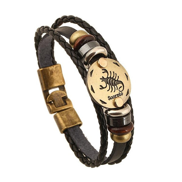 12 Constellations Bracelet 2018 New Fashion Jewelry Leather Bracelet Men Casual Personality Zodiac Signs Punk Men Bracelet C002