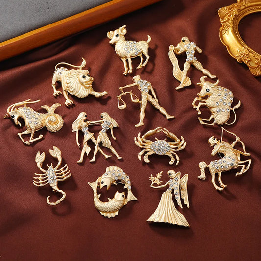 New Creative Matte Gold Color Zodiac Brooch Women Simple Rhinestone Animal Badges Men Suit Pins Accessories Party Festival Gift