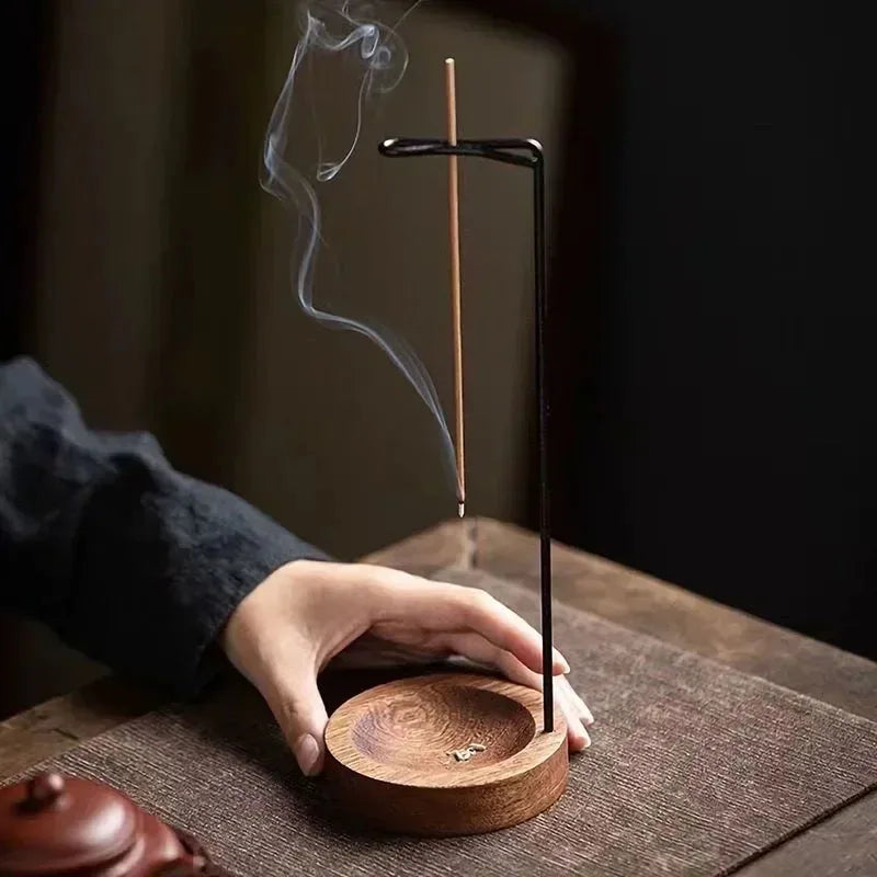 Lnsence Burner Upside Down Incense Burner Incense Stick Holder Wooden Round Incense Tray Ornament Bedroom Home Yoga Decoration